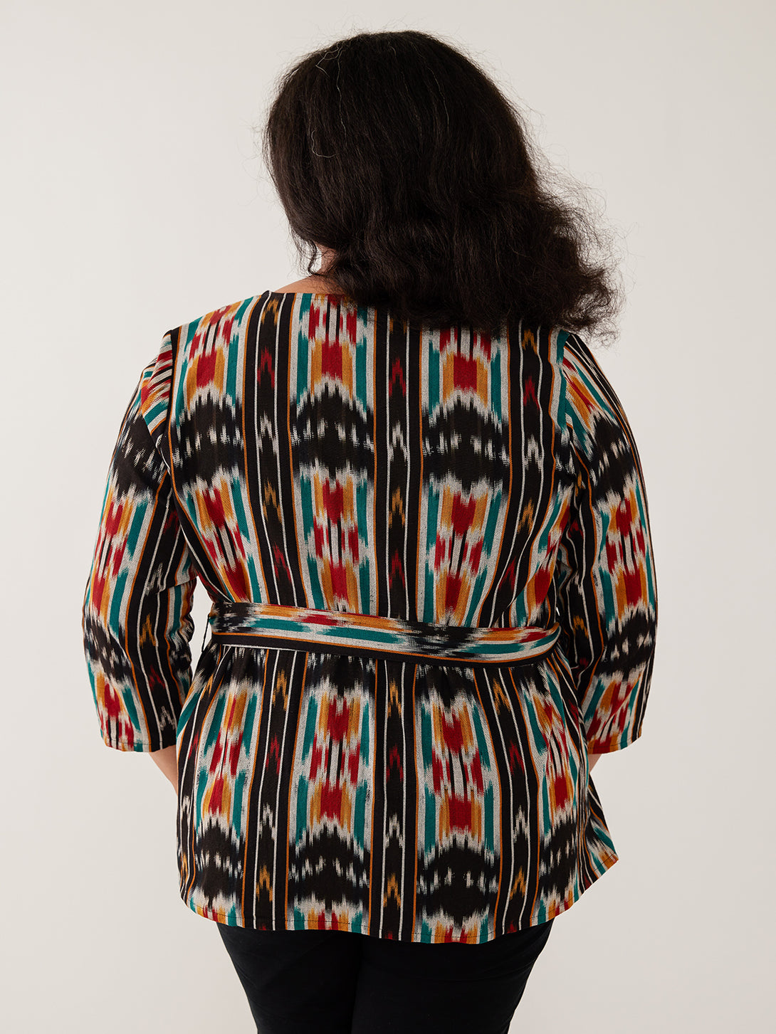 Plus Size Women's Crossroads Jacket  Back View Detail - Handwoven Ikat Print Fair Trade Fashion