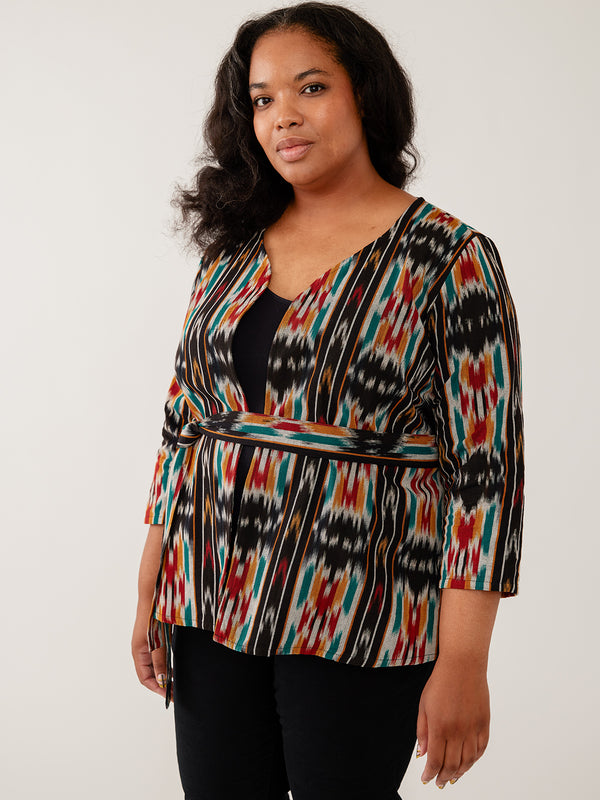  Plus Size Women's Crossroads Black Ikat Jacket - Handwoven Ikat Print Fair Trade Fashion