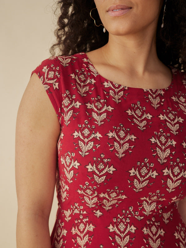 Marseille Floral Red Dress Scarlet Modal - Fair Trade A-line | Mata Traders