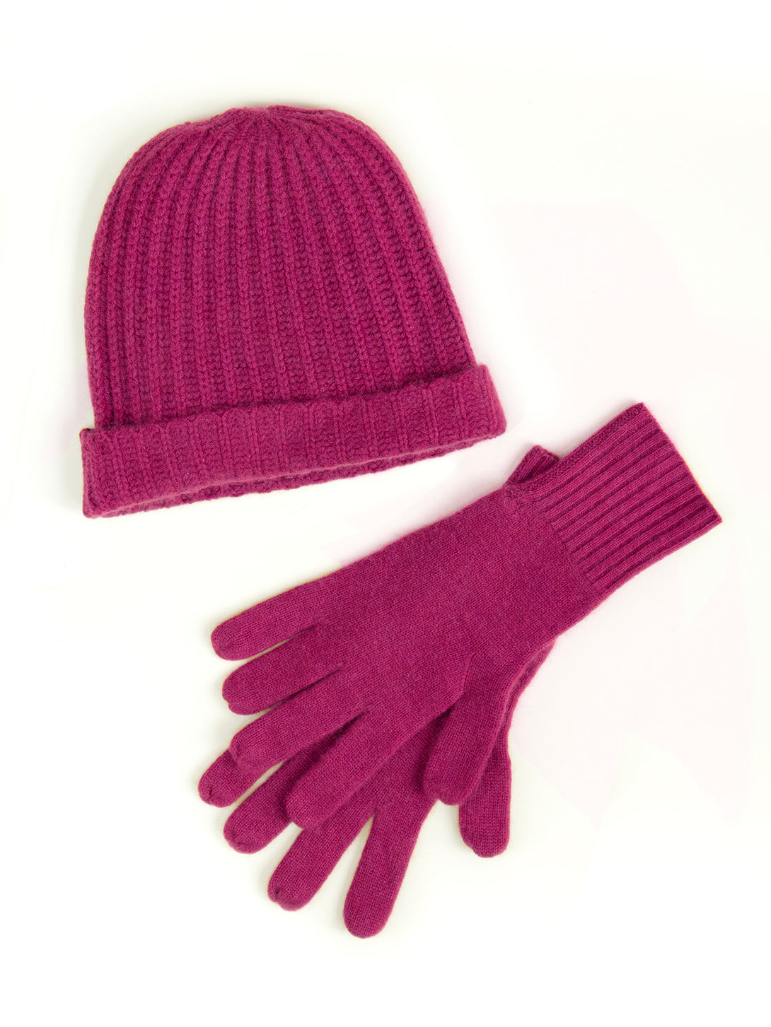 Magenta Pink Cashmere Women's Knit Beanie and Matching Gloves, Fair Trade - Mata Traders