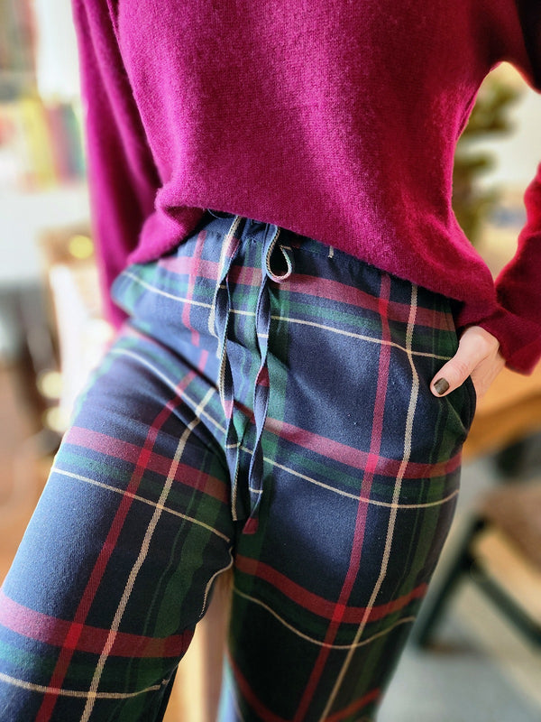 Emmy Drawstring Pant - Navy Berry Plaid