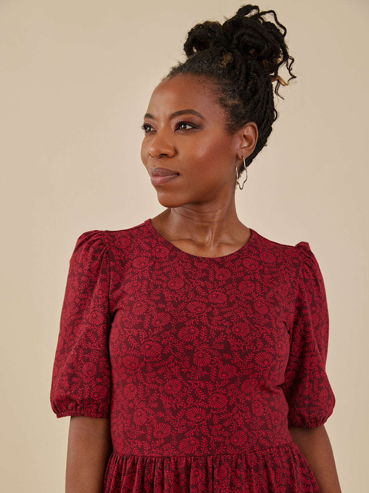 Women's Inez Puff Sleeve Dress Red Crimson Vine | Fair Trade