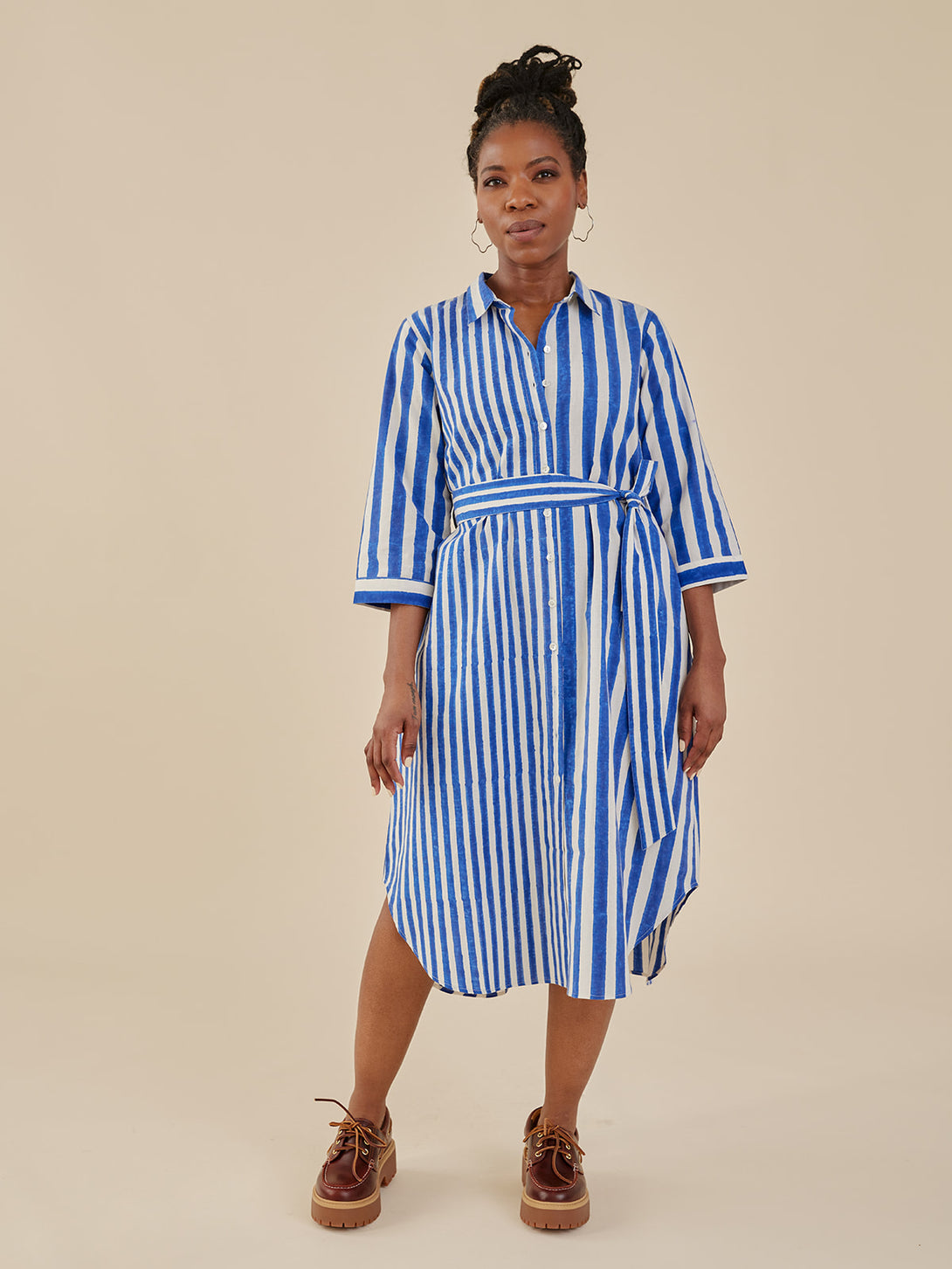 Women's Marianne Button Front Trapeze Shirtdress Cobalt Blue Stripe Mix | Fair Trade