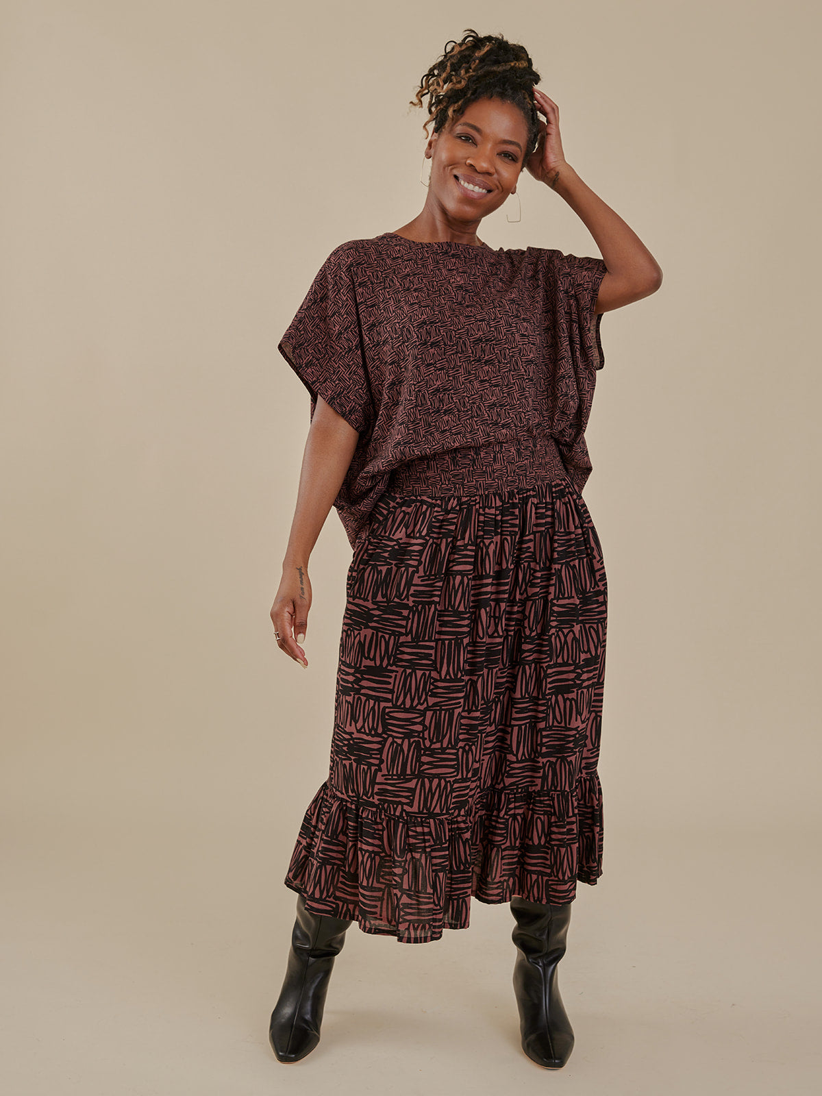 Women's Mila Midi Skirt Mocha Scribble Modal | Fair Trade | Mata