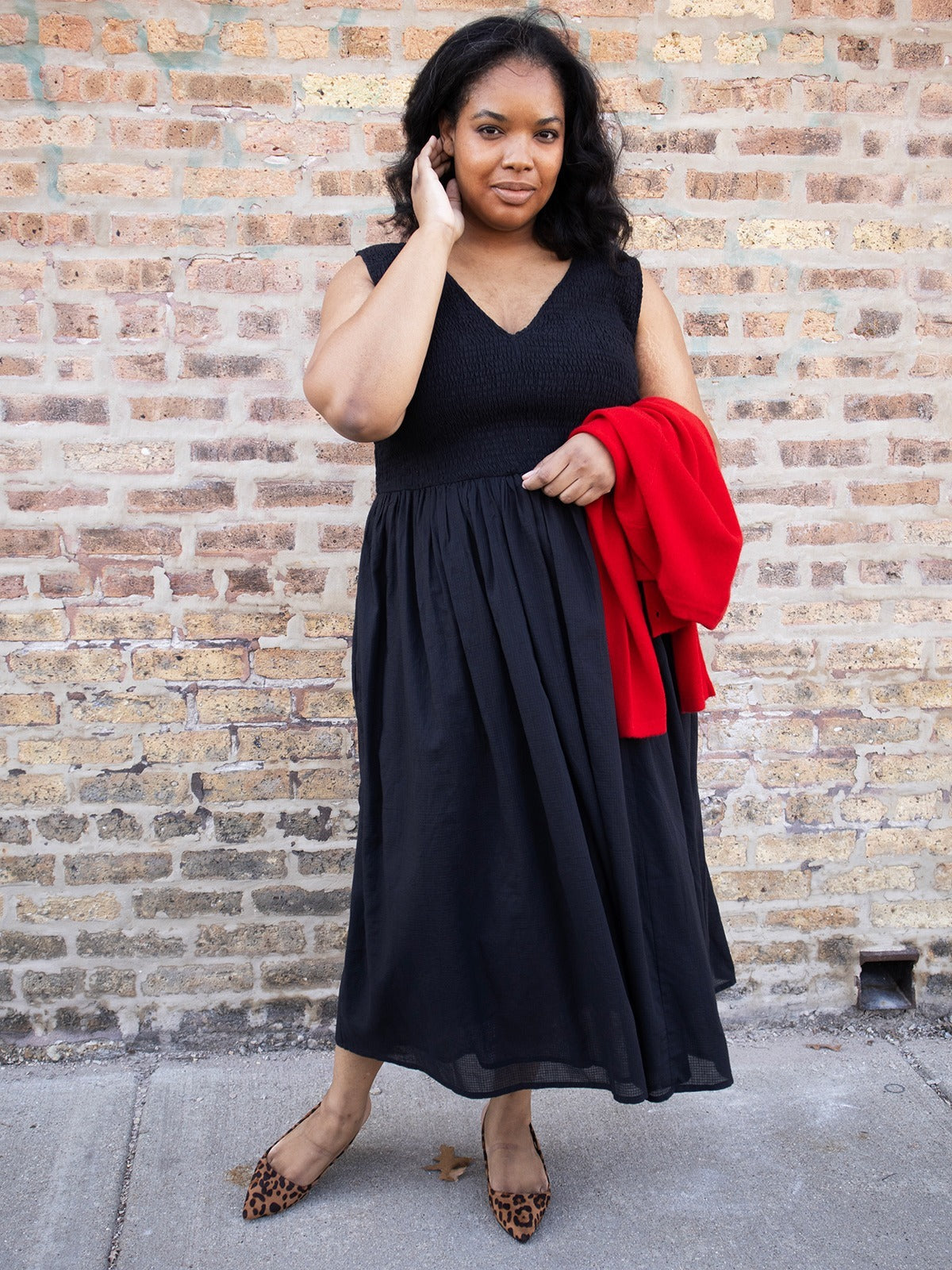 Lily V-Neck Sleeveless Black Dress Textured Check | Fair Trade