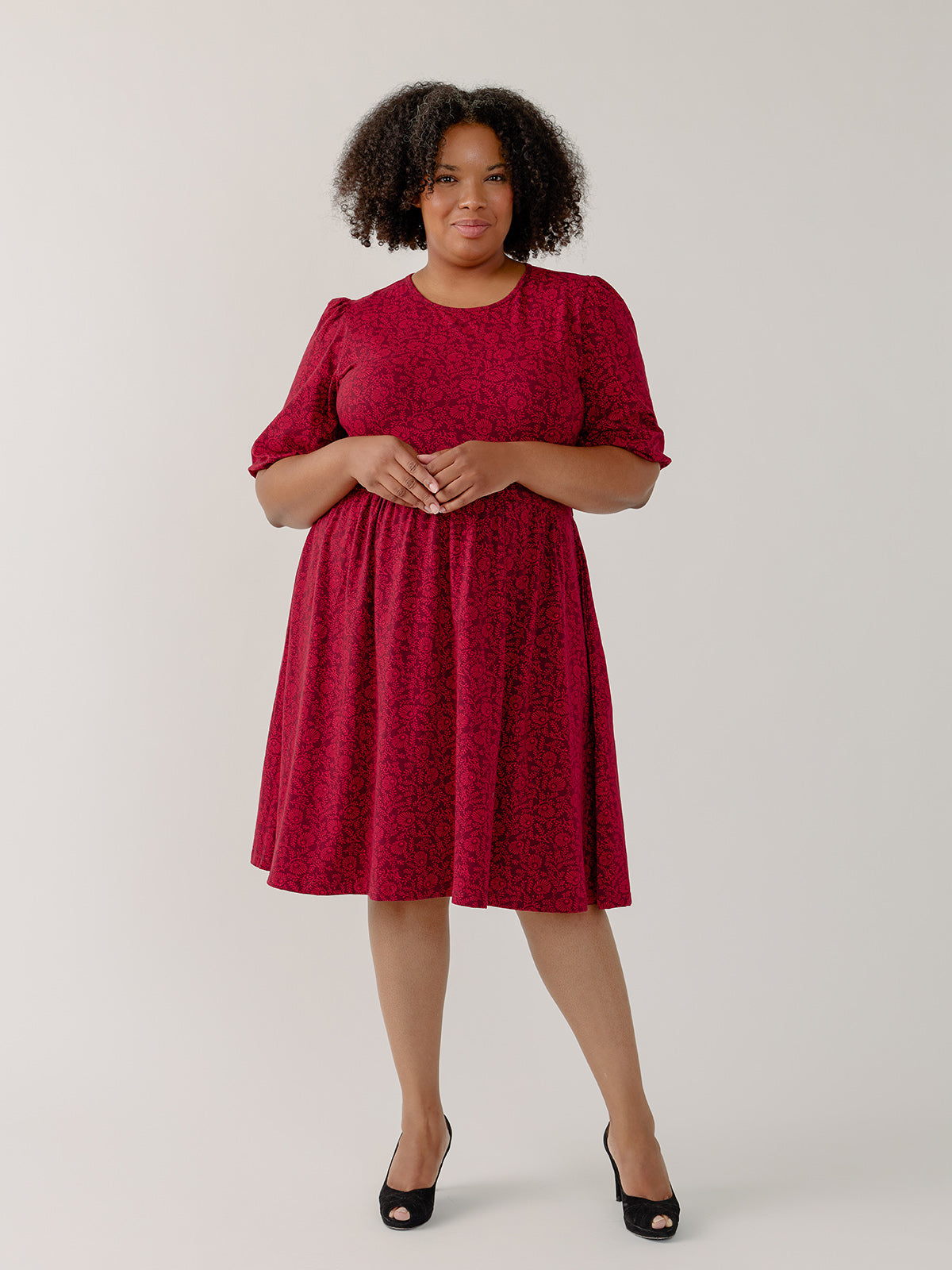 Women's Inez Puff Sleeve Dress Red Crimson Vine | Fair Trade