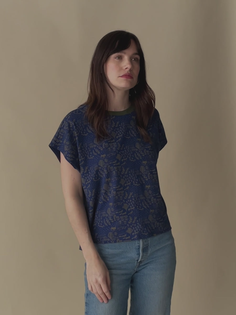 Caitlin Women's Jersey Cotton Top in  Cobalt Blue Foxes Print - Mata Traders