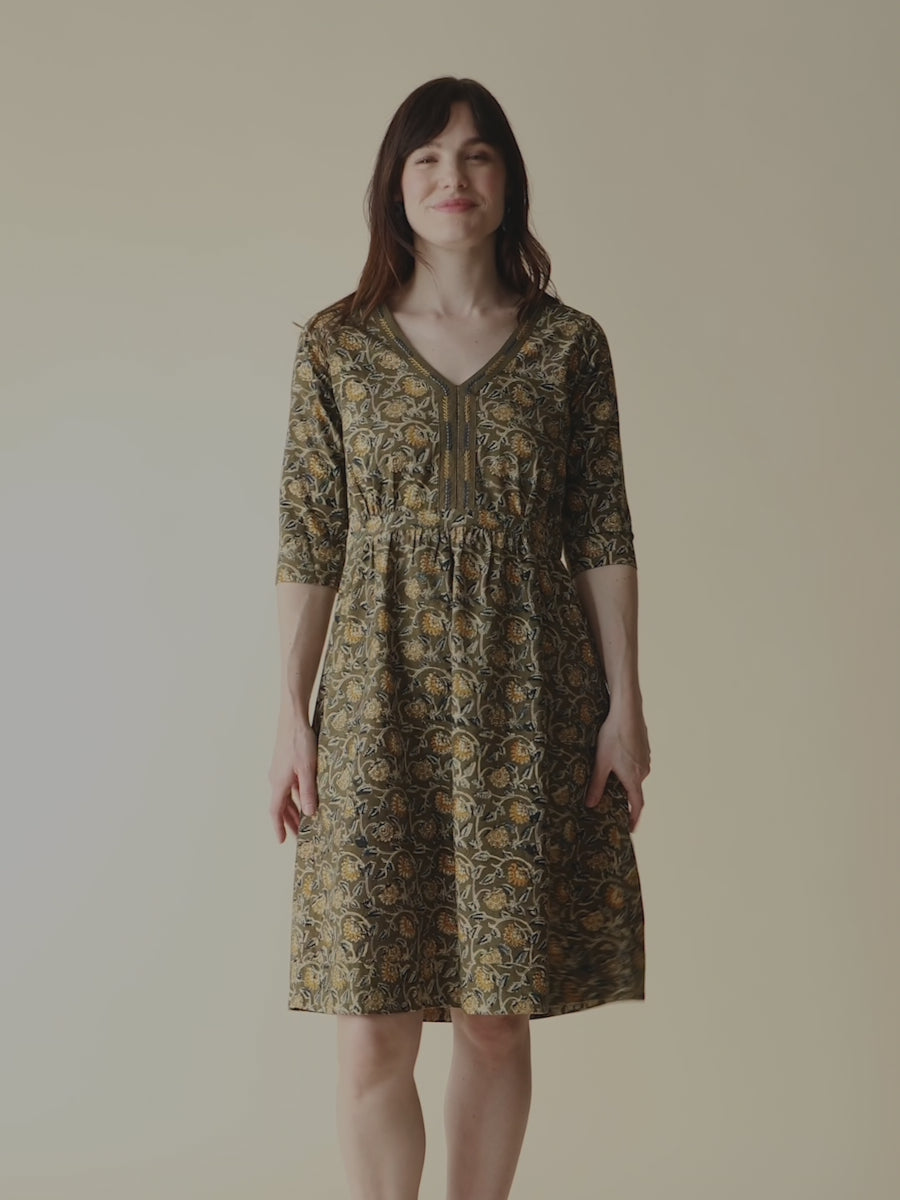 Jaya Half Sleeve Dress  Video on Model Olive Kalamkari Print - Mata Traders
