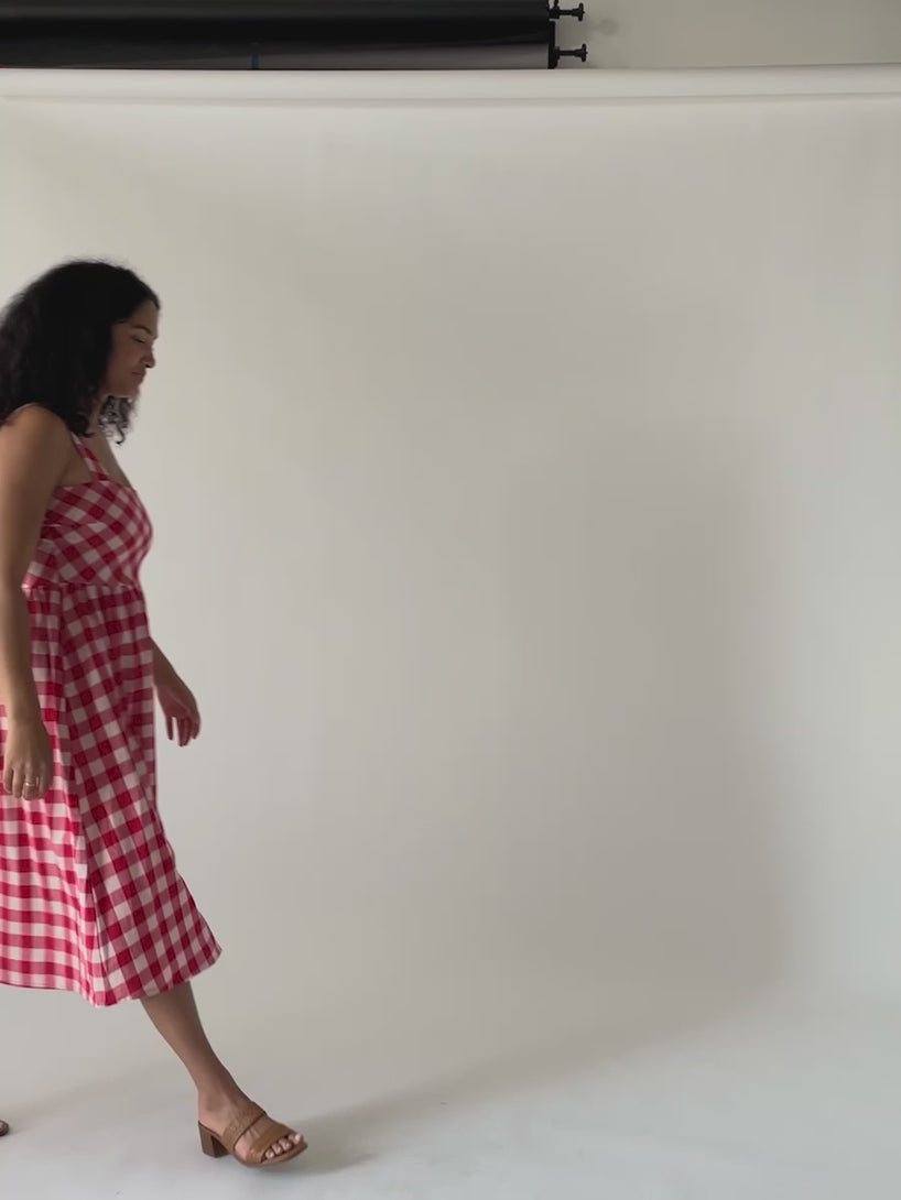 red white check dress Women's Nikita Wide Strap Midi Dress Red Gingham | Fair Trade