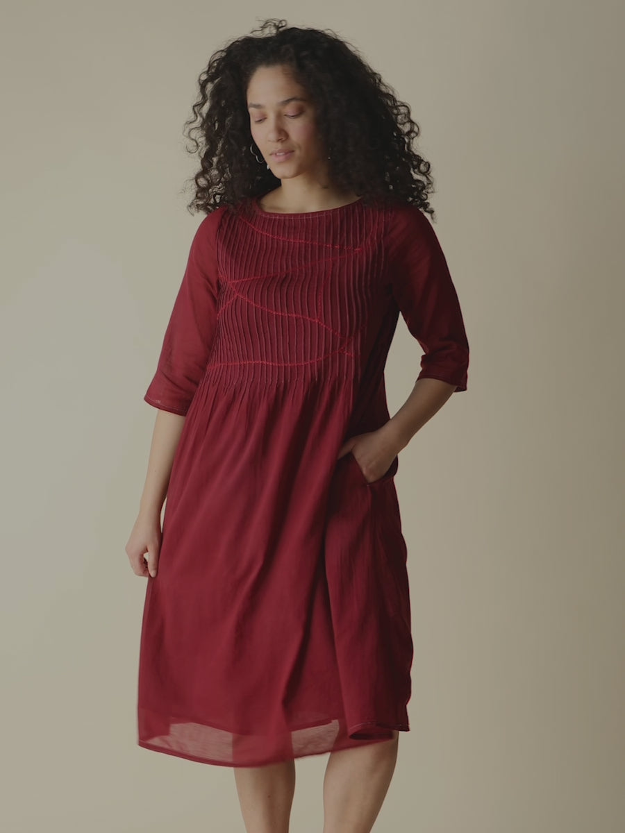 Alma Pintucked Dress  on Model Video fit - Crimson Red -Mata Traders