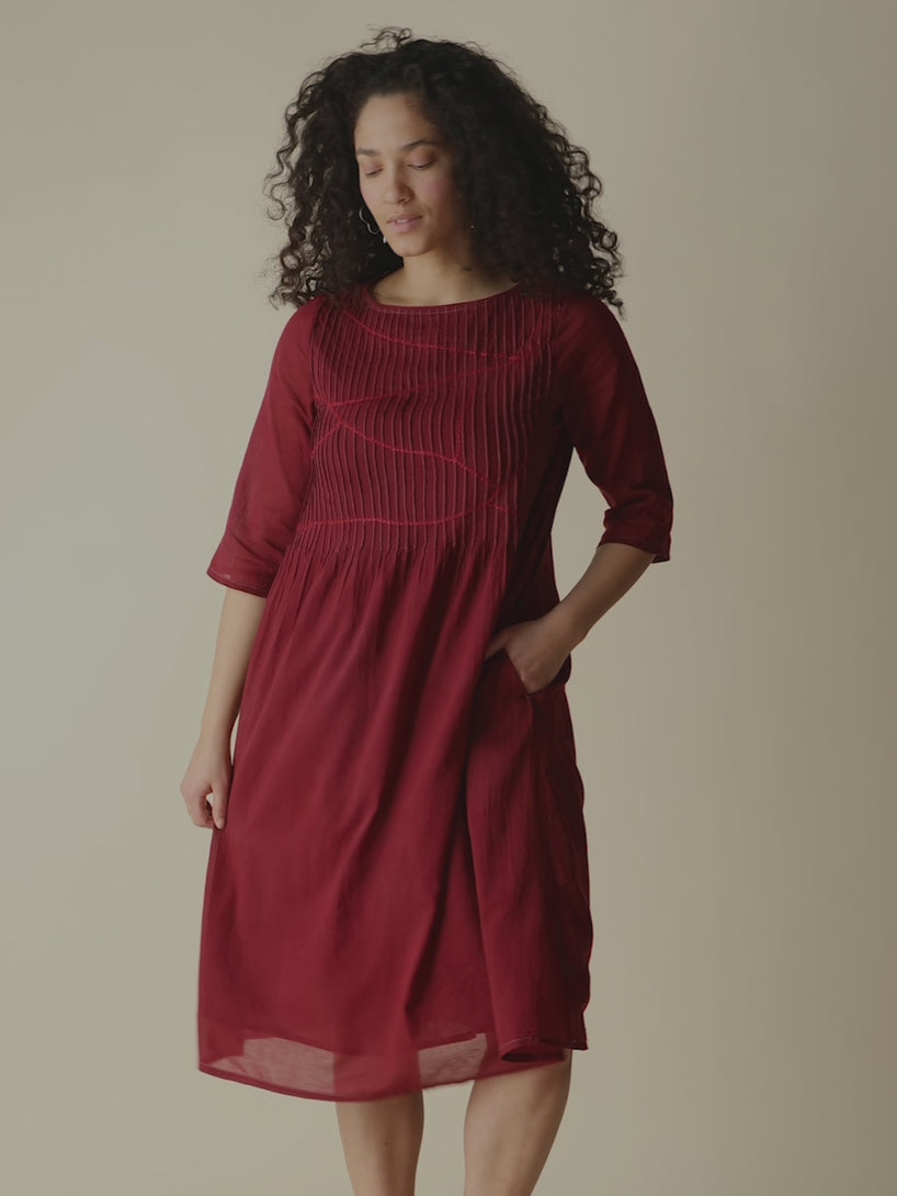 Alma Pintucked Dress  on Model Video fit - Crimson Red -Mata Traders