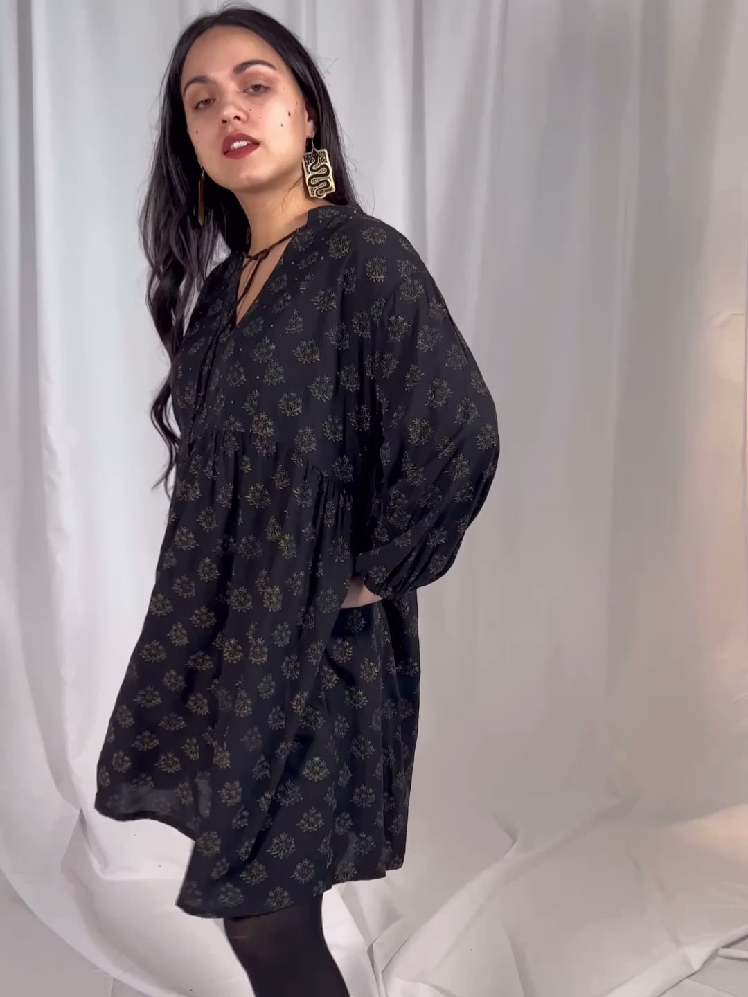 Sohla Mini Dress Floral Stamp Black - Fair Trade Dresses | Mata