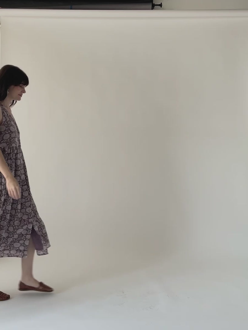 Olivia Dress  on Model French Lilac print by Mata Traders