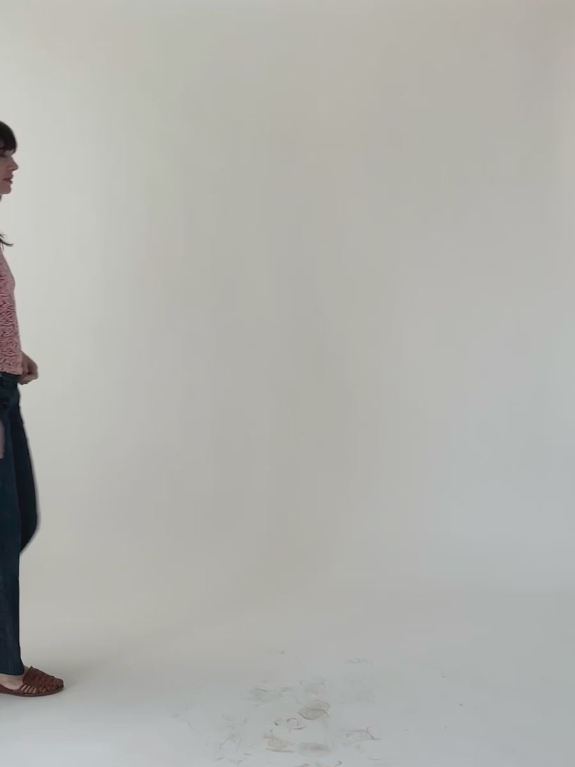 Ferns print in red and orange organic cotton top model fit video - Mata Traders Sustainable Fashion