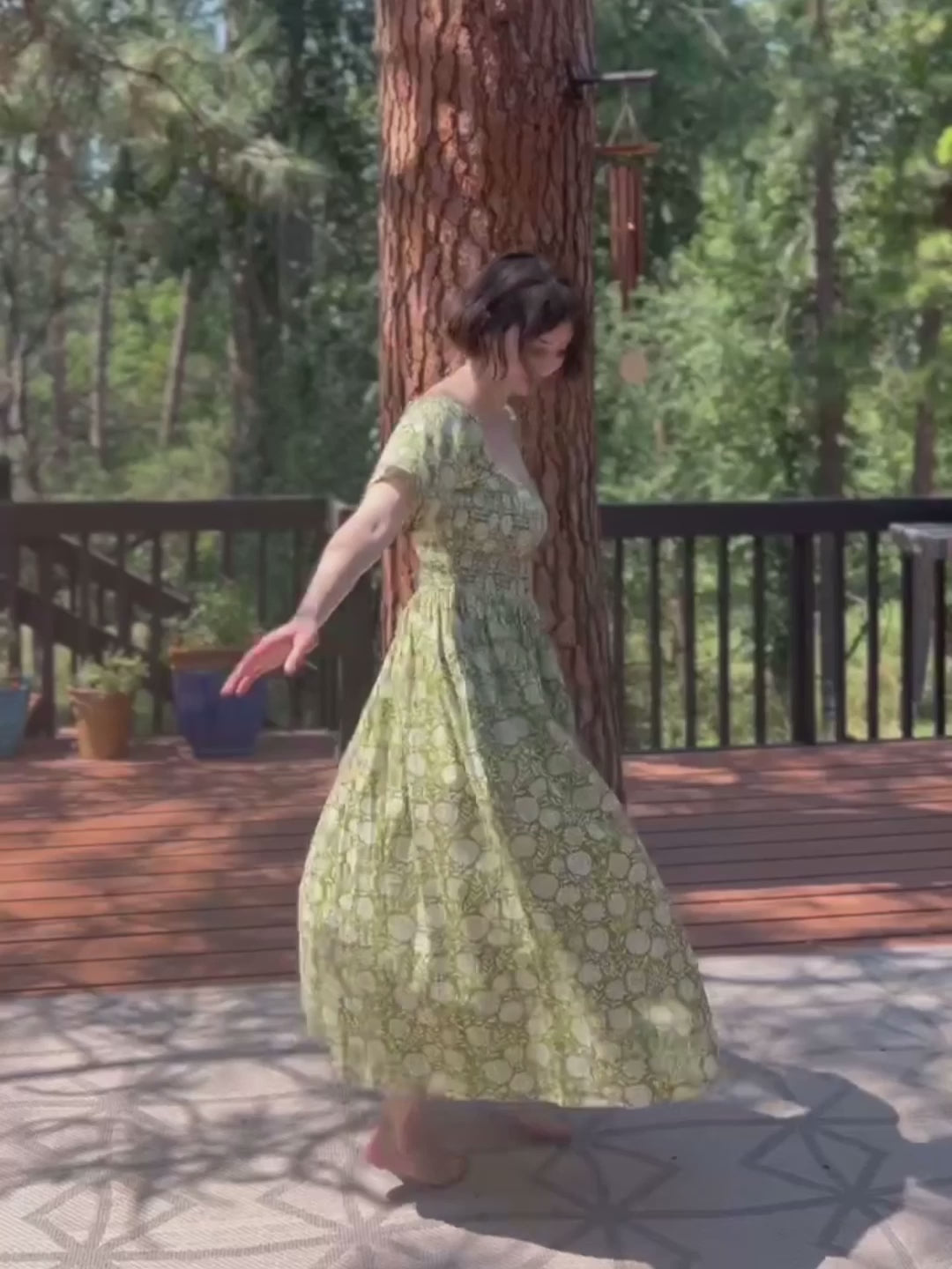 Teddy Midi Smocked Dress Green Floral - Fair Trade Dresses | Mata