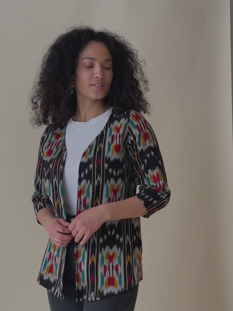 Women's Crossroads Jacket  on Model Fit Video - Handwoven Ikat Print Fair Trade Fashion