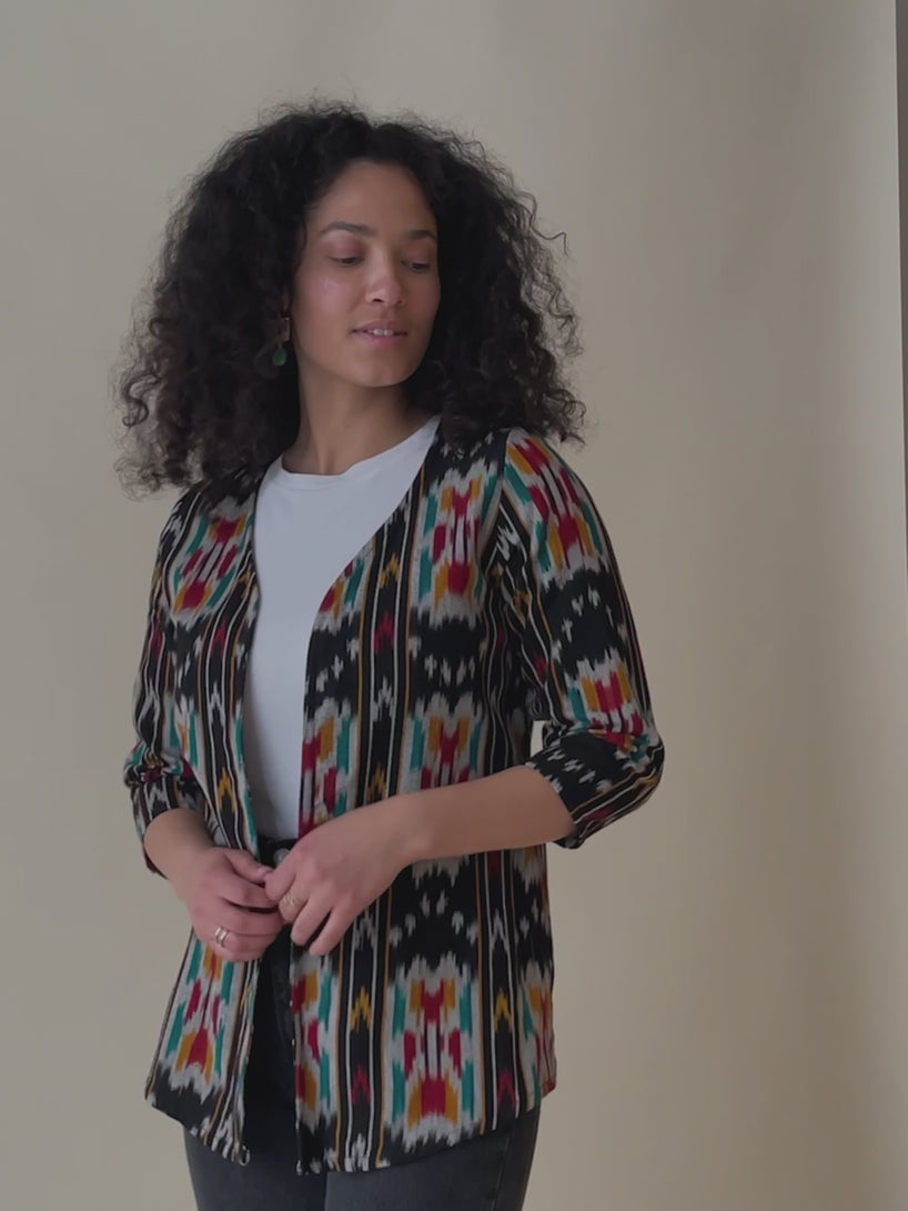 Women's Crossroads Jacket  on Model Fit Video - Handwoven Ikat Print Fair Trade Fashion