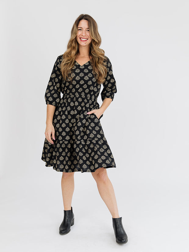 Lydia Dress Floral Stamp Black