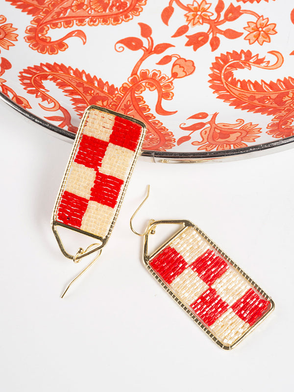 Checker Beaded Earrings - Cherry