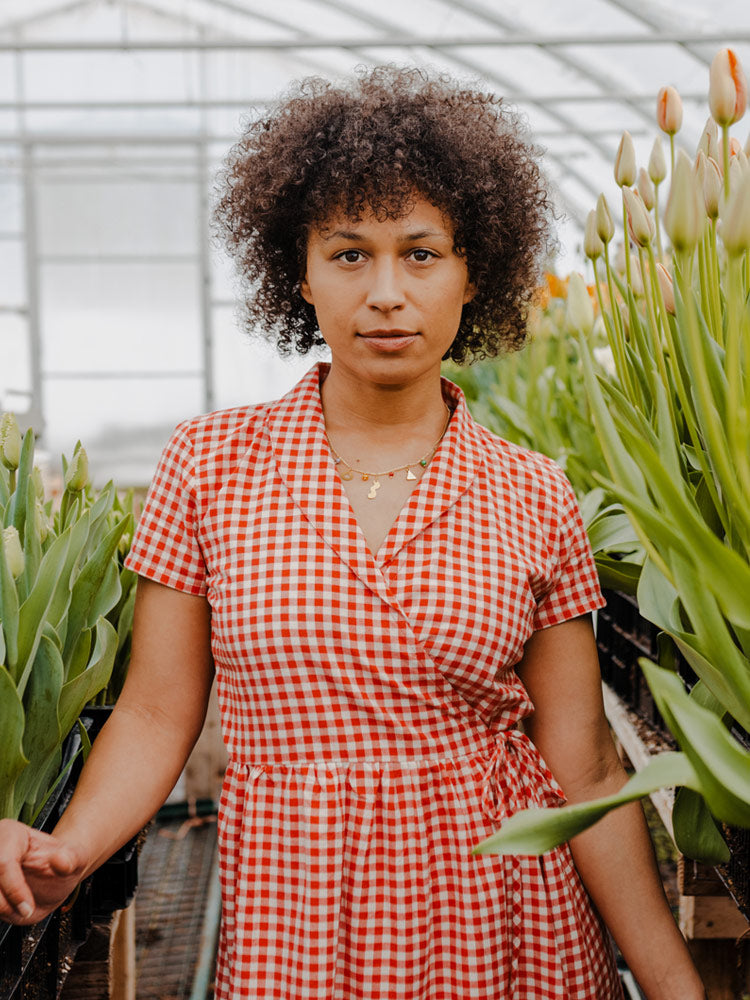 Annie Wrap Dress Cherry Gingham - Fair Trade Clothing | Mata
